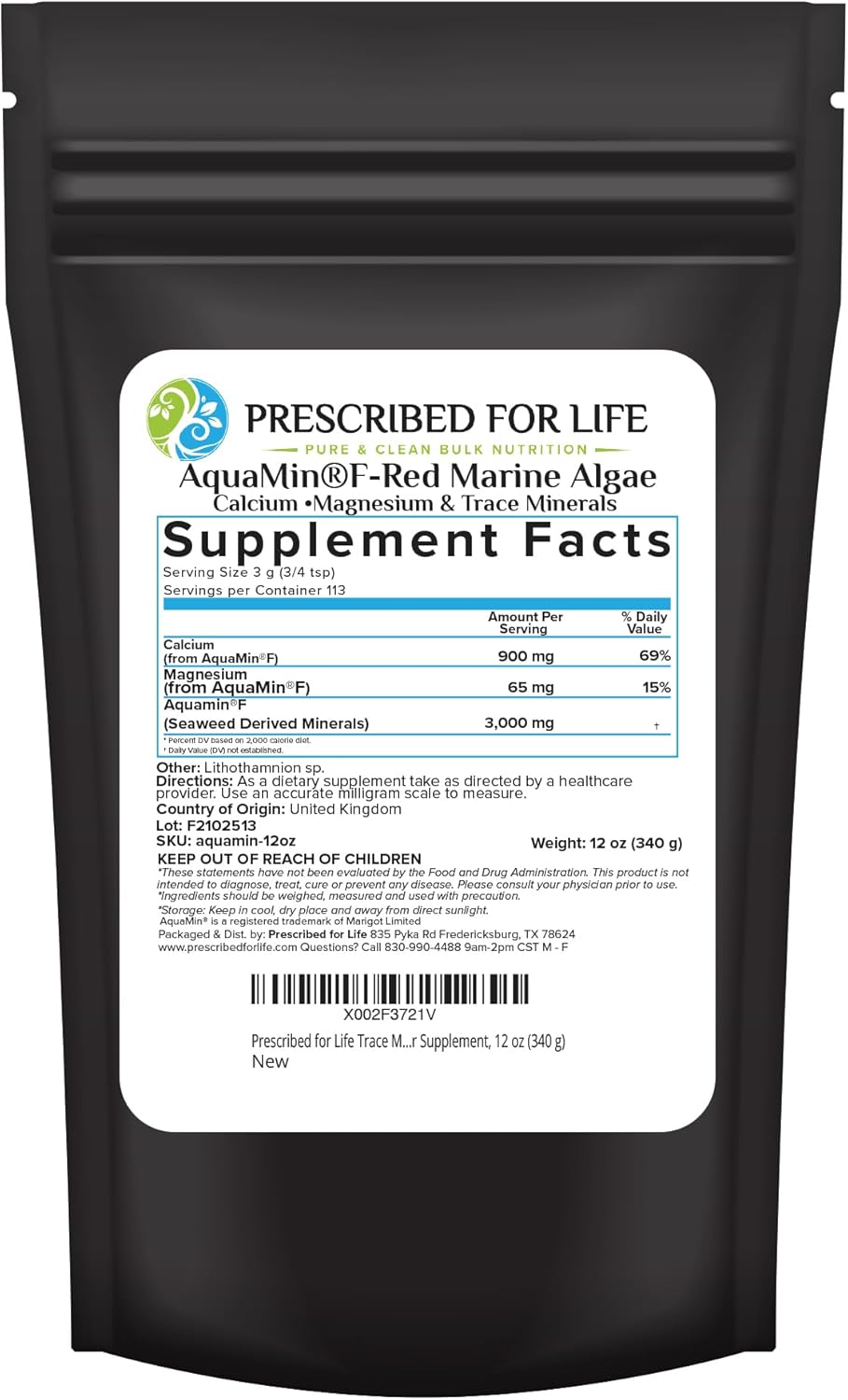 Prescribed for Life Aquamin en Polvo - Suplemento de Algas Rojas Marinas, Rico en Calcio y Magnesio Vegetal, 72 Minerales Traza, No Transgénico (340g)