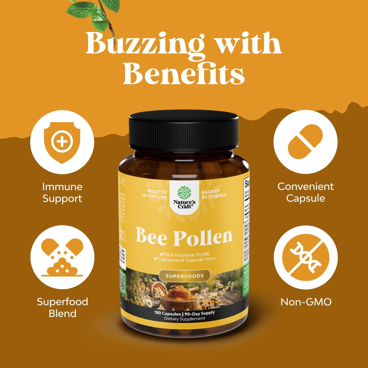 Polen de Abeja 180 Cápsulas - 1000 mg por Ración - Sin Gluten y Vegetariano