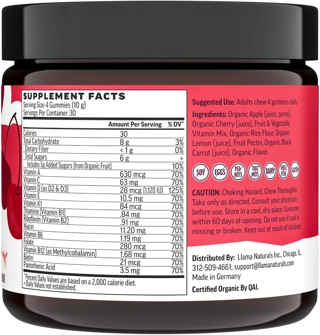 Llama Naturals Multivitamínico para Mujeres y Hombres, Gominolas Veganas Orgánicas, 120 unidades, Sabor Cereza