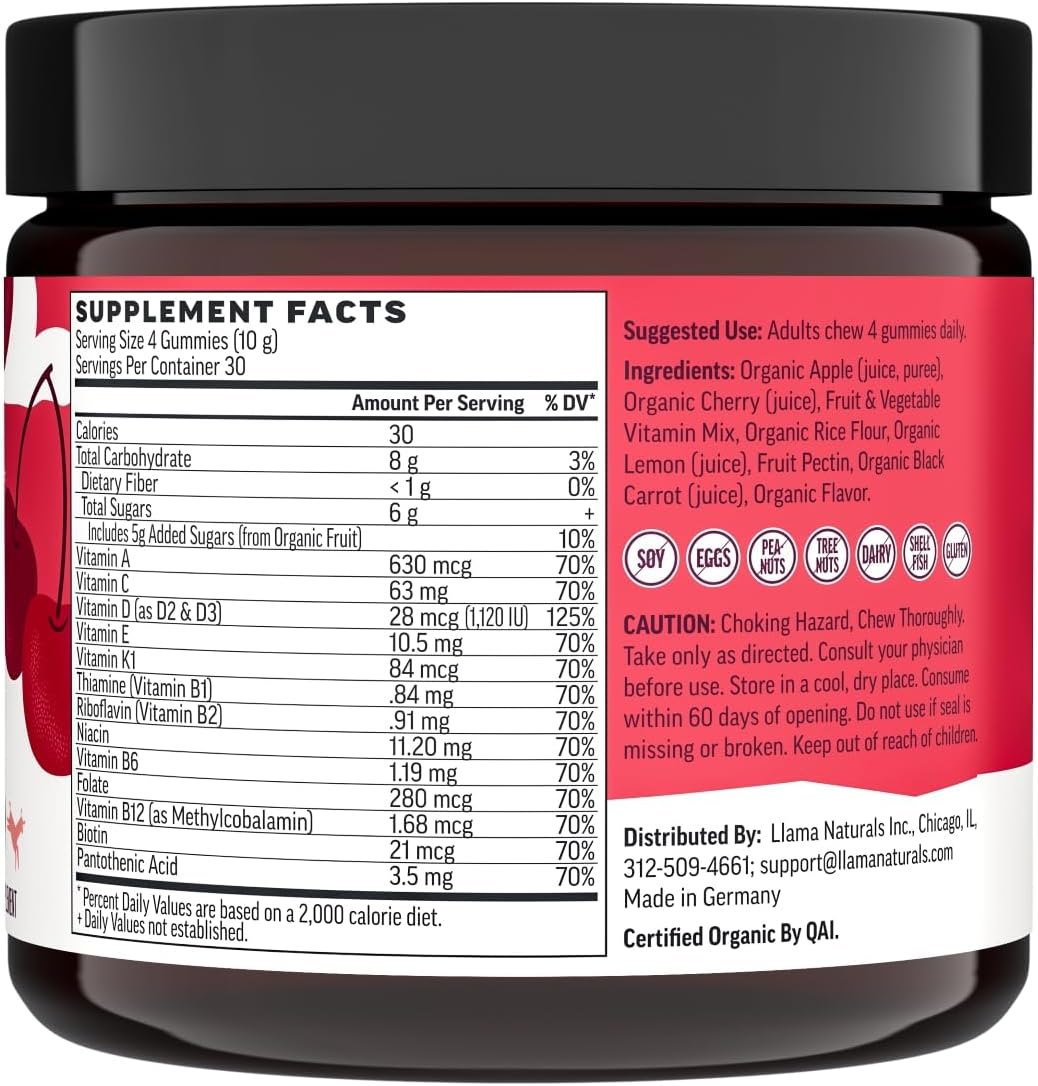 Llama Naturals Multivitamínico para Mujeres y Hombres, Gominolas Veganas Orgánicas, 120 unidades, Sabor Cereza
