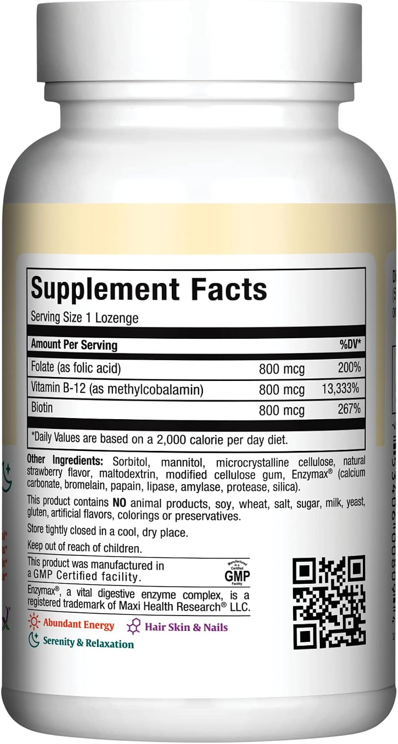 Vitamin B12 Lozenges with Folic Acid and Biotin - 800 mcg Sublingual B12 Lozenges Sabor Fresa - 90 Comprimidos