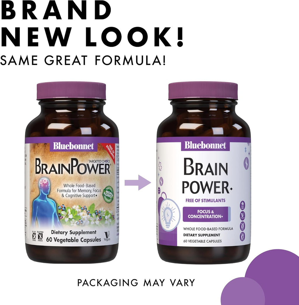 Bluebonnet BrainPower – Mezcla nootrópica de origen natural para la salud cerebral – Vegano, sin gluten, sin estimulantes – 60 cápsulas vegetales