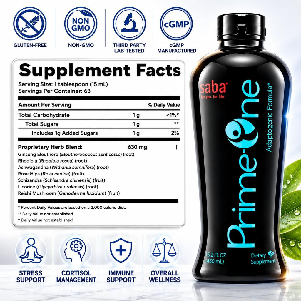 Saba Prime One Líquido Adaptógeno con Ashwagandha, Rhodiola, Reishi, Ginseng y Eleuthero - 946 ml