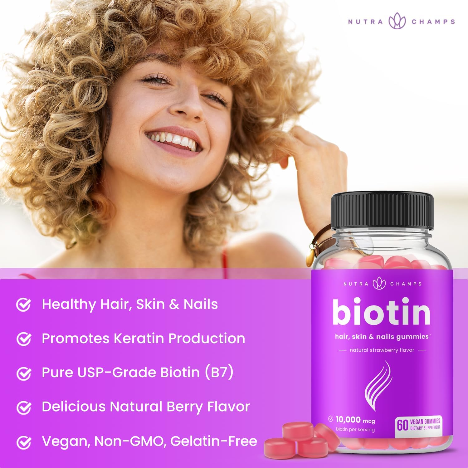 NutraChamps Biotin Gummies 10000mcg - Gominolas de Biotina para Cabello, Piel y Uñas - Vegano, Sin Gluten