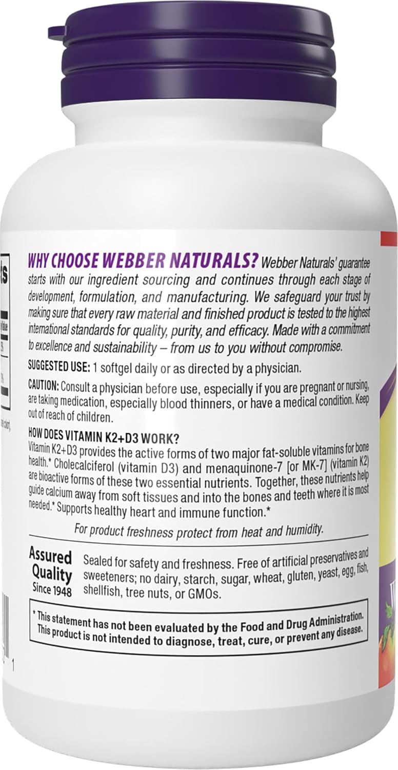 Webber Naturals Vitamina D3 y K2, 1.000 UI / 120 mcg, 90 Cápsulas Blandas