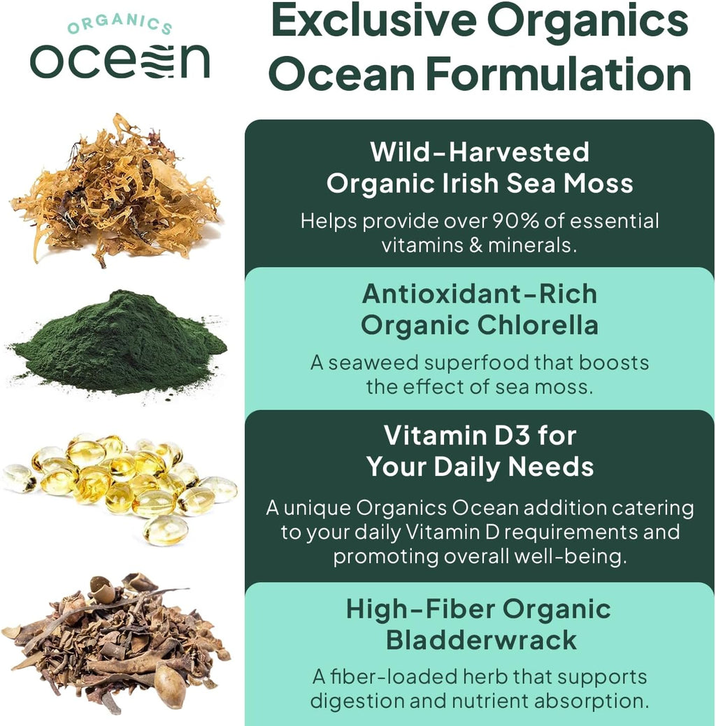 Organics Ocean Wild Sea Moss Cápsulas - Musgo Marino Orgánico con Chlorella, Bladderwrack y Vitamina D - 3 Botellas