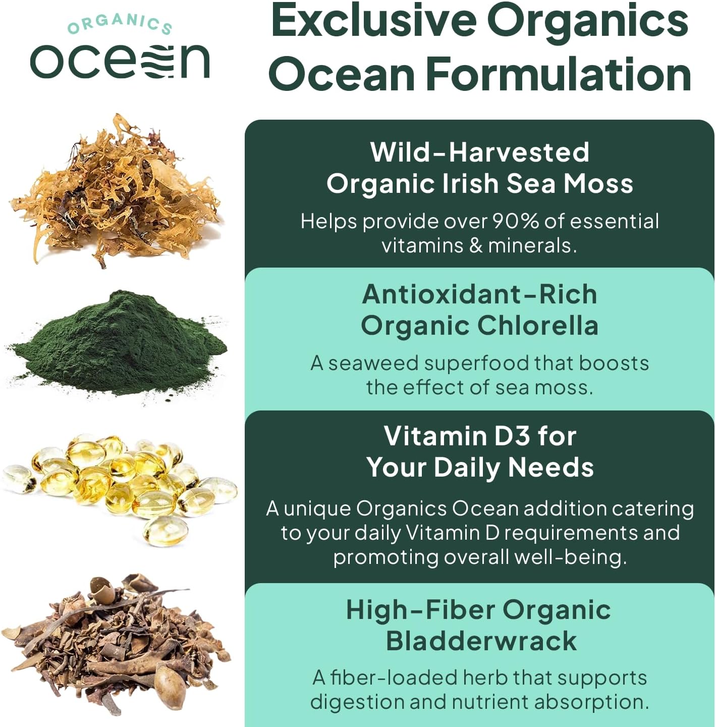 Organics Ocean Cápsulas de Musgo Marino Salvaje - 100% Orgánico con Chlorella, Bladderwrack y Vitamina D - 6 Botellas
