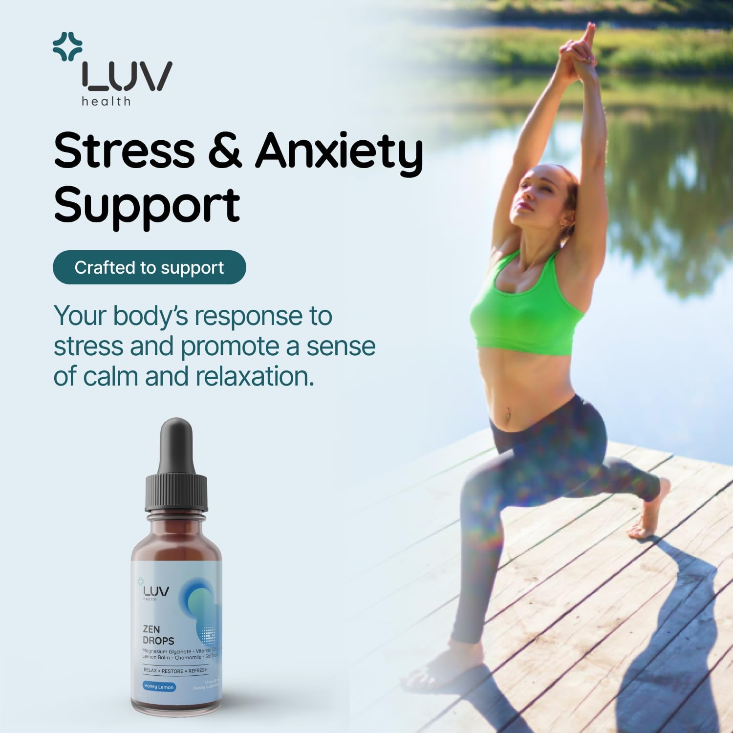 LUV Zen Drops Gotas de apoyo para el estrés con magnesio glicinato, vitamina D3, melisa, manzanilla, azafrán y L-teanina. Vegano, sin gluten, 30 dosis