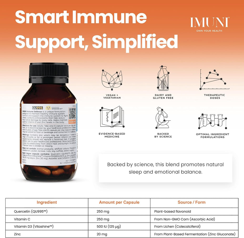 IMUNI Apoyo Alergias e Inmunidad - Quercetina, Vitamina C, Zinc y D3 - 60 Cápsulas Veganas