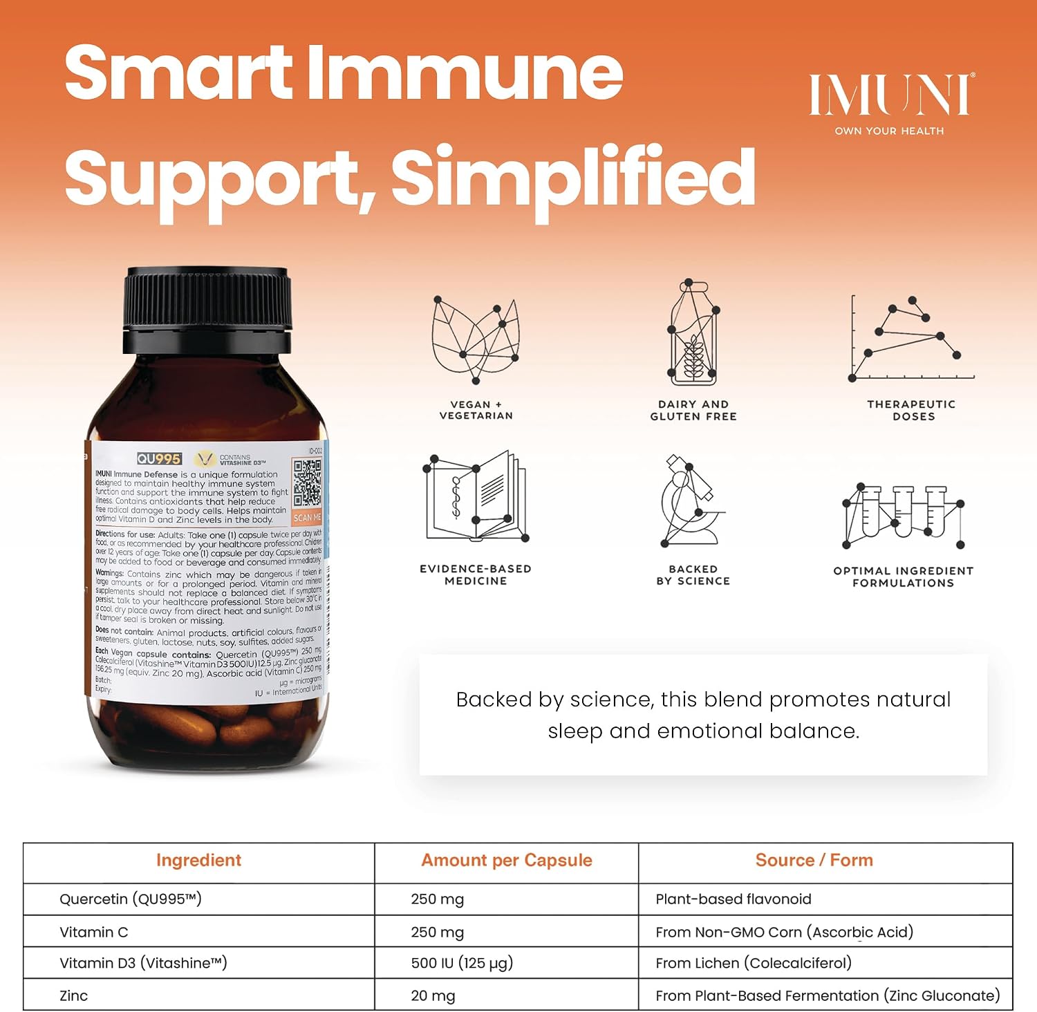 IMUNI Apoyo Alergias e Inmunidad - Quercetina, Vitamina C, Zinc y D3 - 60 Cápsulas Veganas