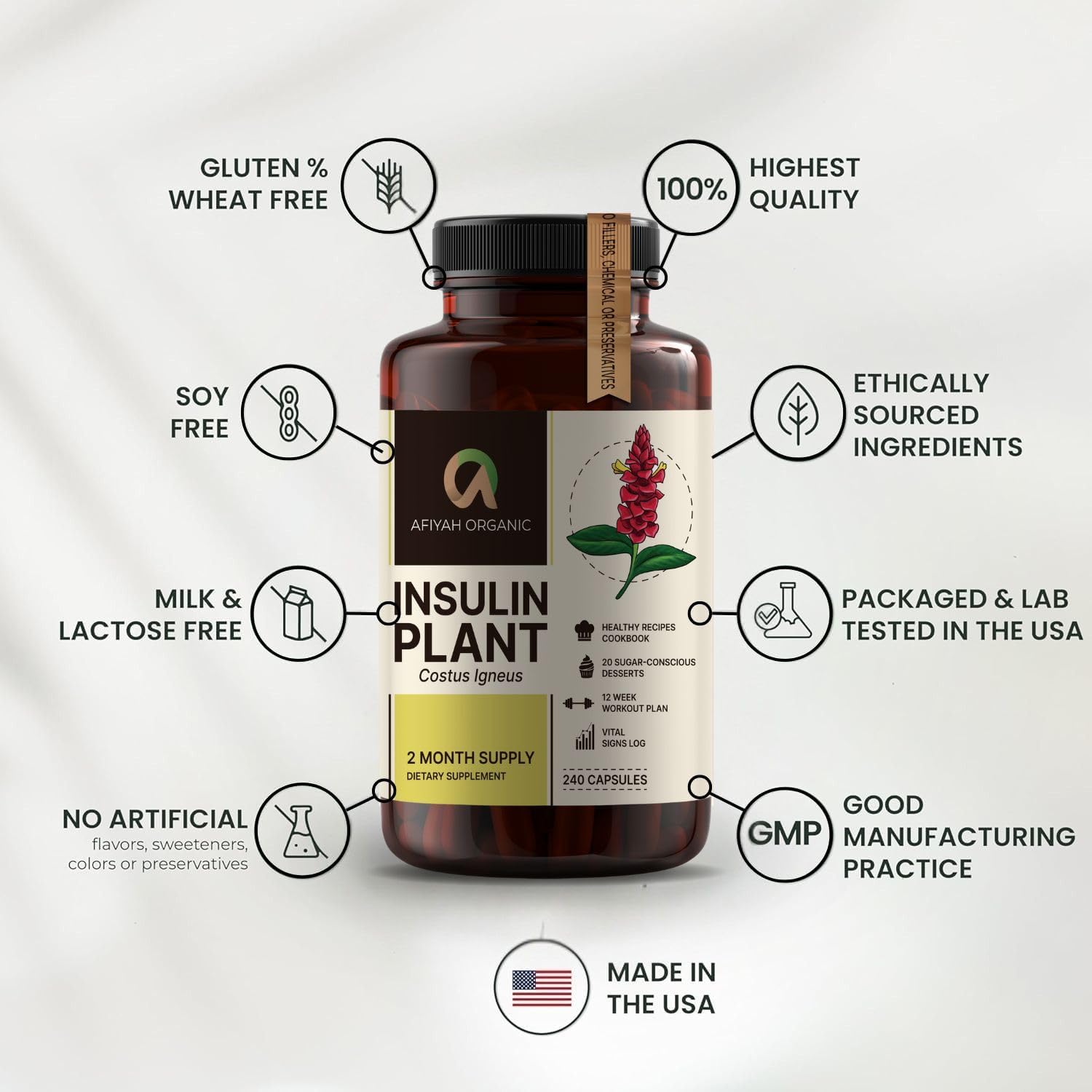 Afiyah Organic - Cápsulas de Costus Igneus (Planta Insulina) - 240 Cápsulas Veganas - Fabricado en EE. UU. - Incluye Programa de Salud Gratuito