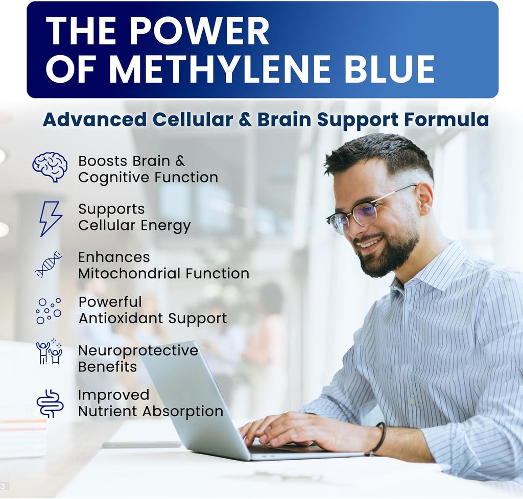 Gotas de Azul de Metileno, Grado Farmacéutico para Humanos, Suplemento Líquido para la Salud Cerebral con PQQ, CoQ10, Vitamina C, Extracto de Pimienta Negra para Apoyo Cognitivo, Grado USP 1%, 60 ml