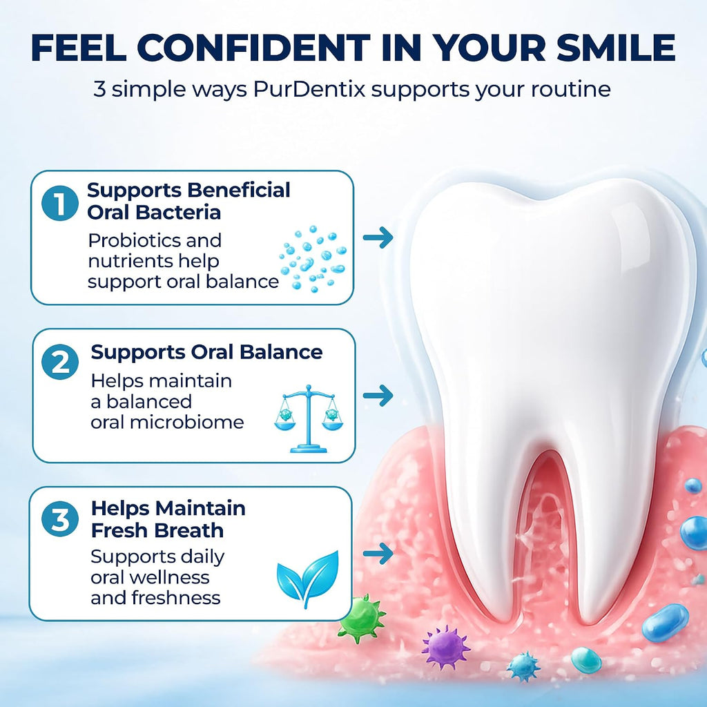 PurDentix Probiótico Oral – Fórmula de 4 Cepas para Encías Saludables, Dientes y Aliento Fresco – 30 Comprimidos Masticables