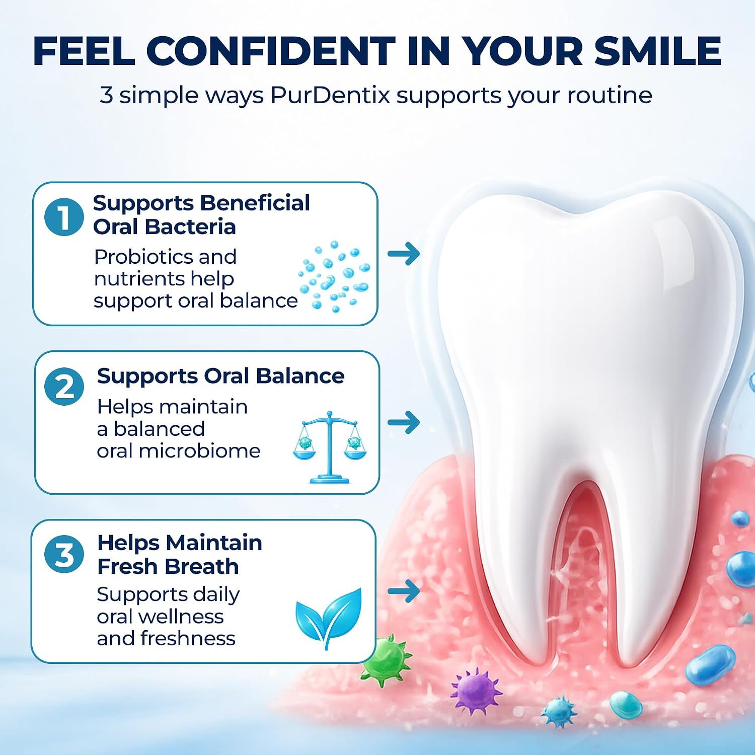PurDentix Probiótico Oral – Fórmula de 4 Cepas para Encías Saludables, Dientes y Aliento Fresco – 30 Comprimidos Masticables