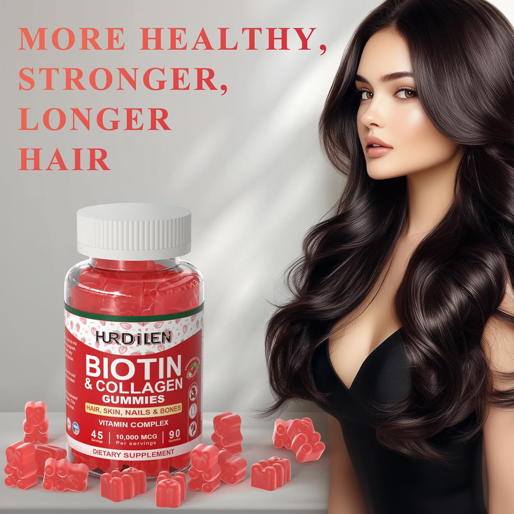 Hurdilen Biotina Colágeno Gummies 10000mcg - 90 Gominolas para Cabello, Piel y Uñas