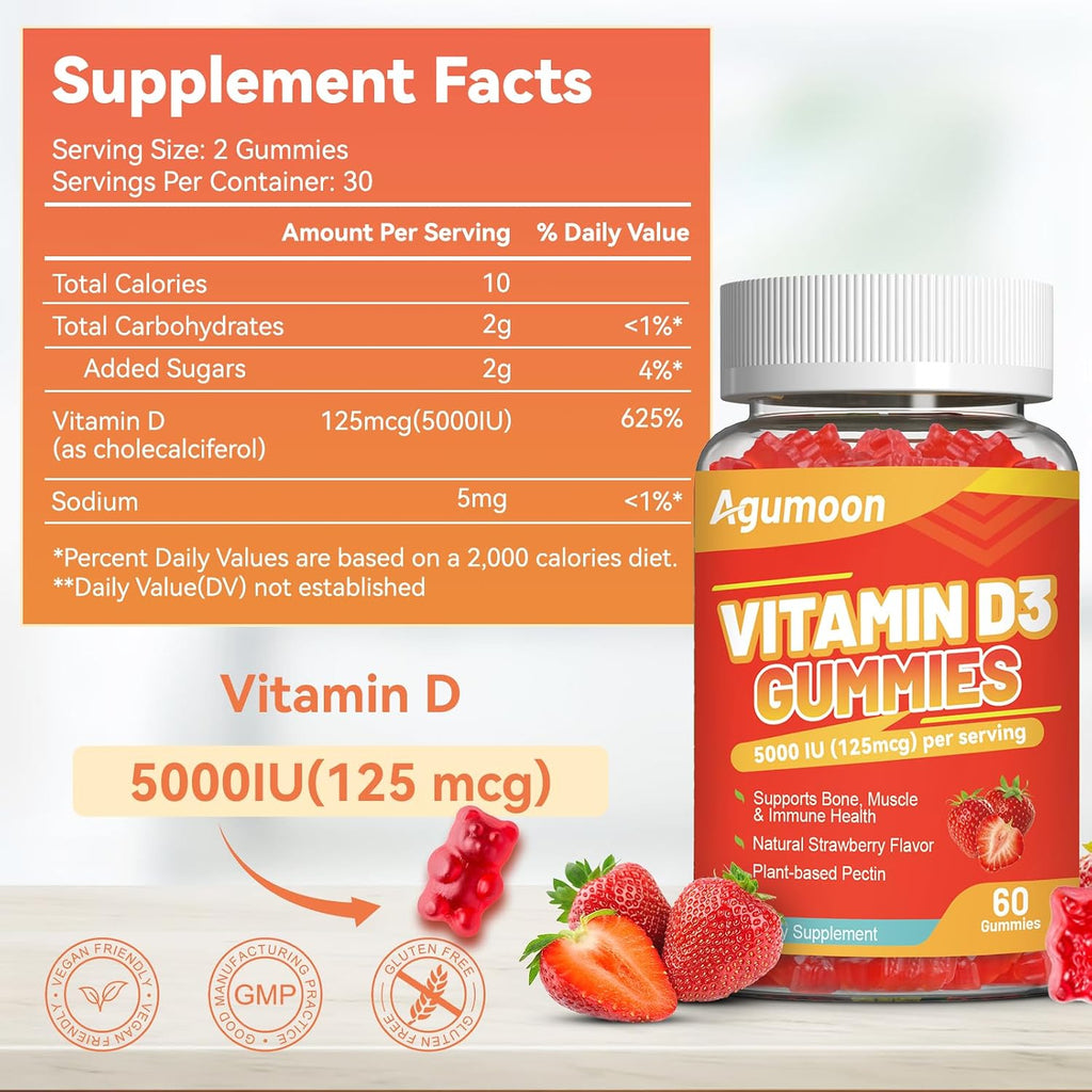 Agumoon Vitamina D3 5000 UI (125 mcg) Gomitas para Adultos - Apoyo Inmune, Huesos y Músculos - Sin Gluten, No GMO, 60 Gomitas Sabor Fresa