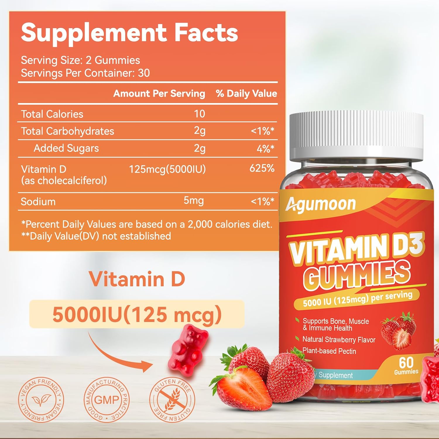 Agumoon Vitamina D3 5000 UI (125 mcg) Gomitas para Adultos - Apoyo Inmune, Huesos y Músculos - Sin Gluten, No GMO, 60 Gomitas Sabor Fresa
