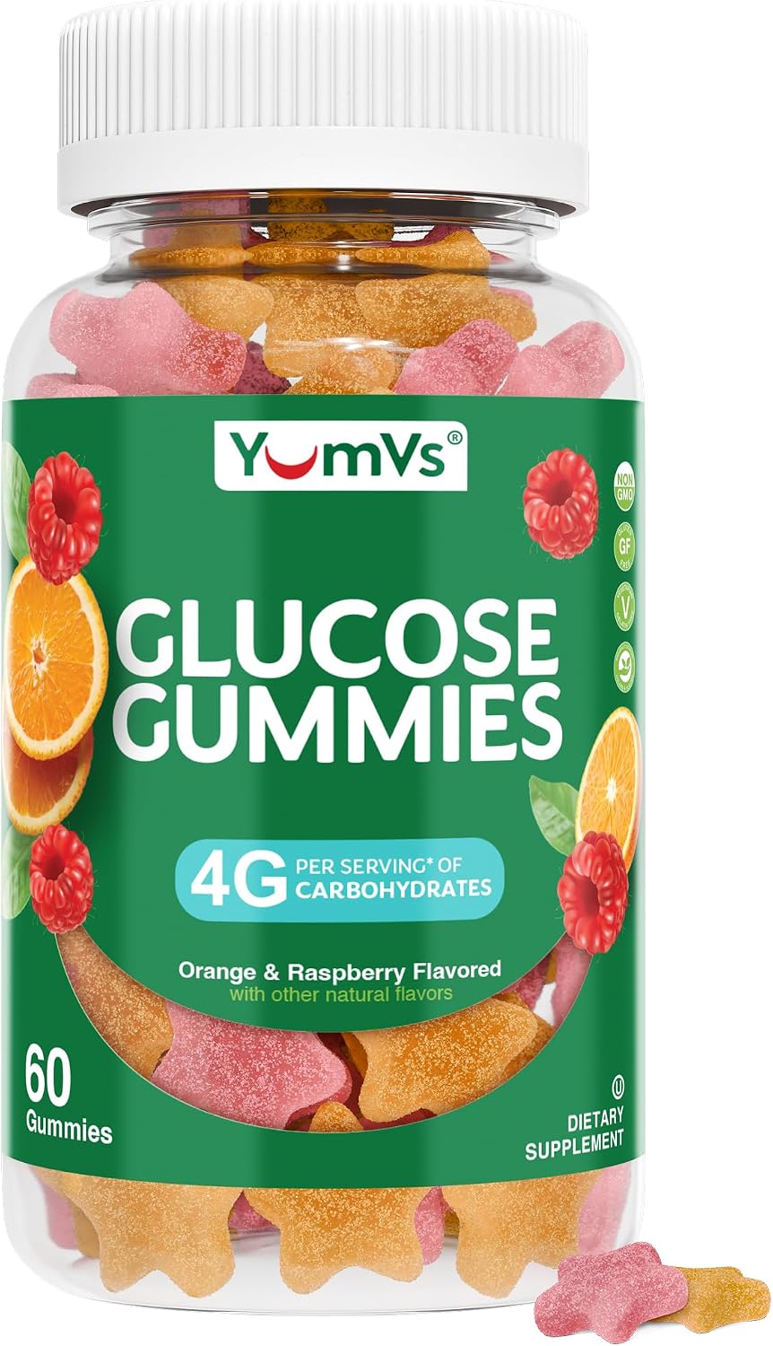 YUM-V'S Glucose Gummies – Gominolas de glucosa de acción rápida – Sabor naranja natural – 60 unidades