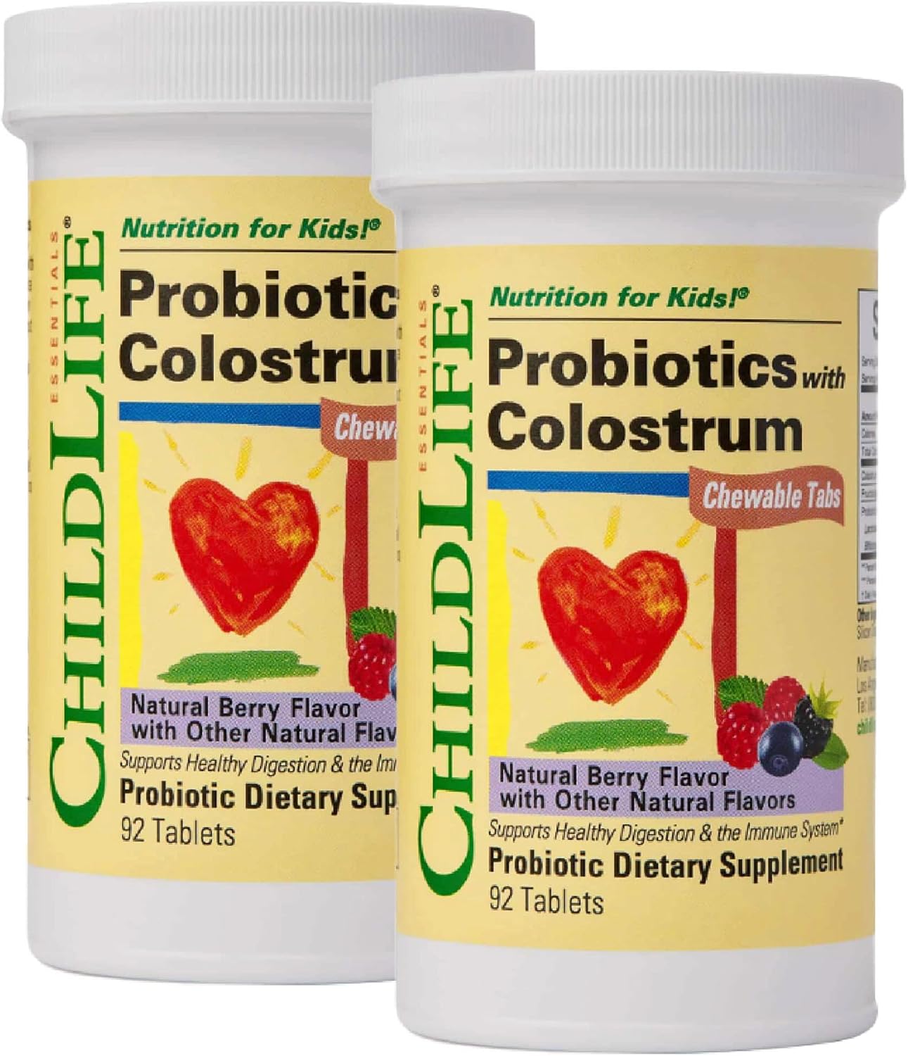 CHILDLIFE ESSENTIALS ChildBiotics con calostro - Probióticos masticables para niños, sabor natural a bayas, 92 comprimidos (Paquete de 2)