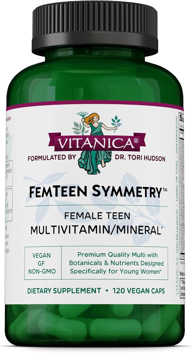 Vitanica FemTeen Symmetry - Multivitamínico Mineral con Té Verde para Adolescentes - Apoyo Antioxidante, Inmune y Reproductivo con Luteína y Licopeno - Vegano - 120 Cápsulas