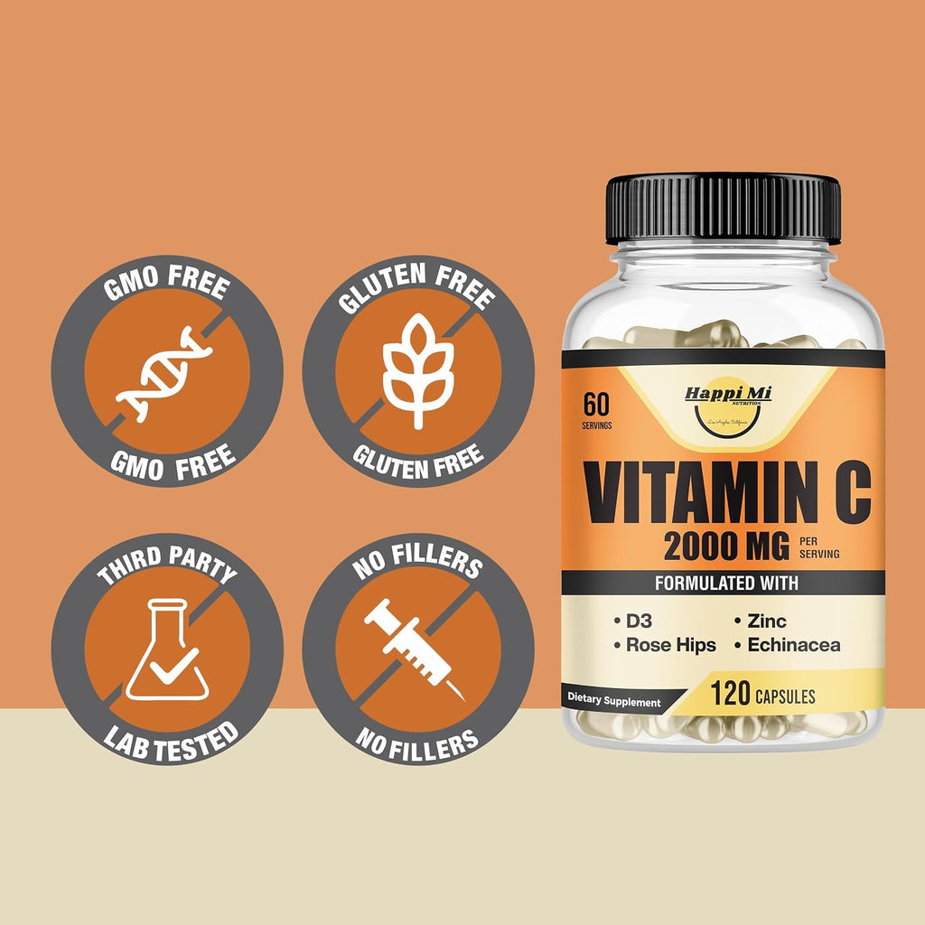 Happi Mi Nutrition Vitamina C 2000 mg con Zinc y Vitamina D3 - 120 Cápsulas Veganas