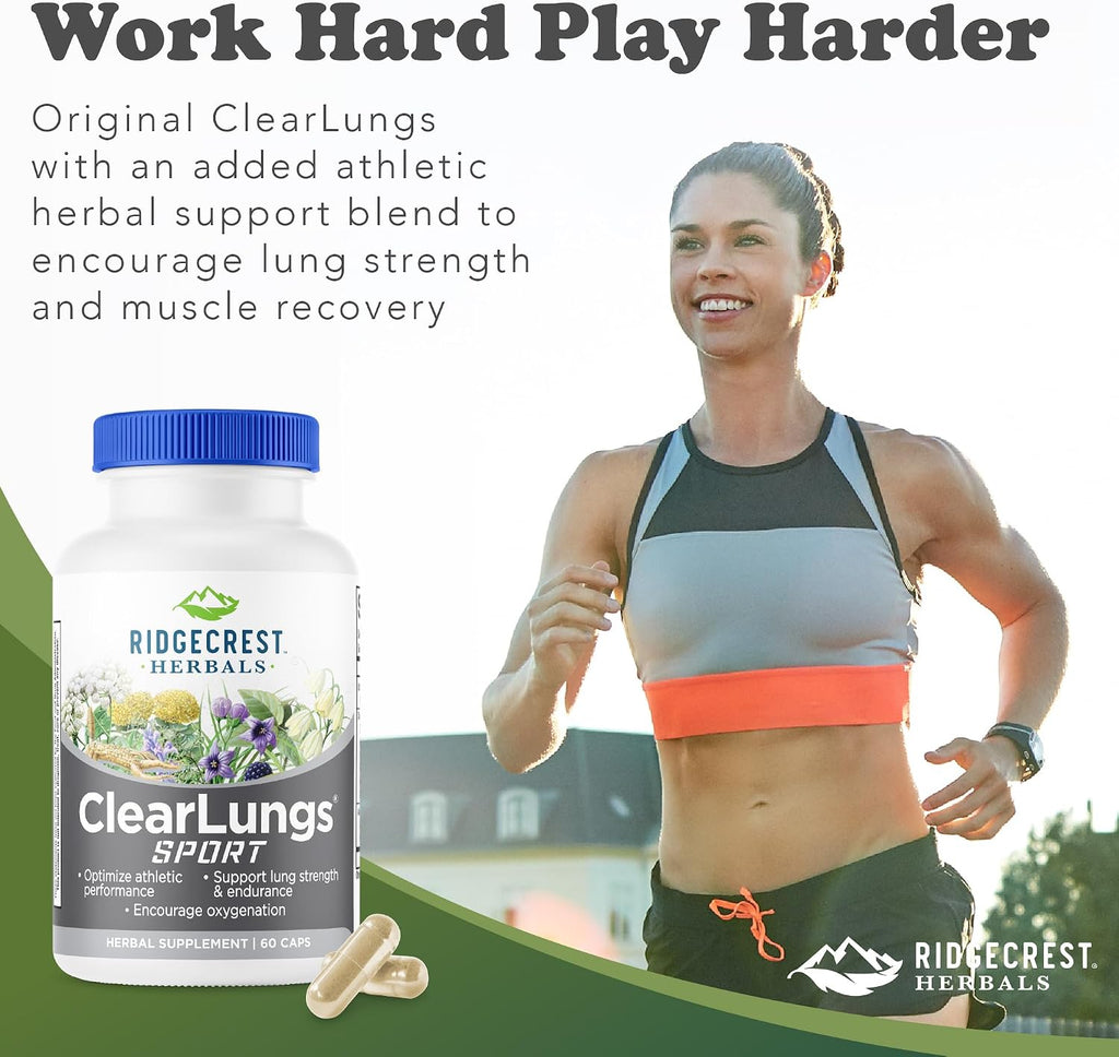 RidgeCrest Herbals ClearLungs Sport - Fórmula de Apoyo Respiratorio con Cordyceps, Rhodiola y Eleuthero | 60 Cápsulas Veganas