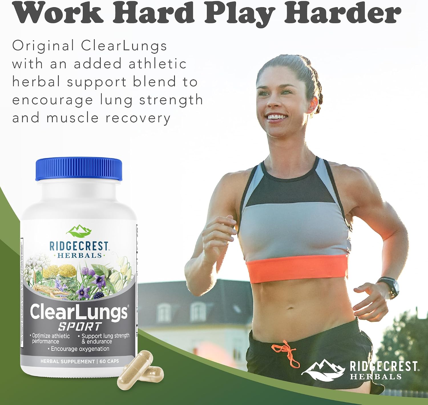 RidgeCrest Herbals ClearLungs Sport - Fórmula de Apoyo Respiratorio con Cordyceps, Rhodiola y Eleuthero | 60 Cápsulas Veganas