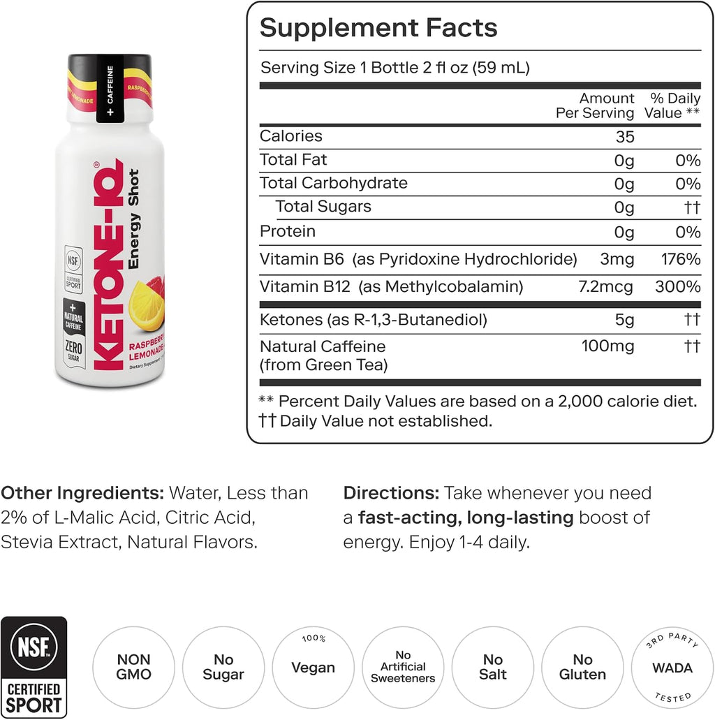 Ketone-IQ Caffeine Performance Energy Shots – 24 uds (Limonada de Frambuesa)