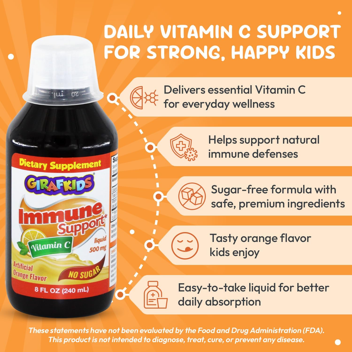 GirafKids Liquid Vitamin C for Kids Ages 4+ | 8 Fl Oz, 500mg | No-Sugar Formula with Safe, Premium Ingredients | Delicious Orange Flavor | Immune Support & Energy Boost