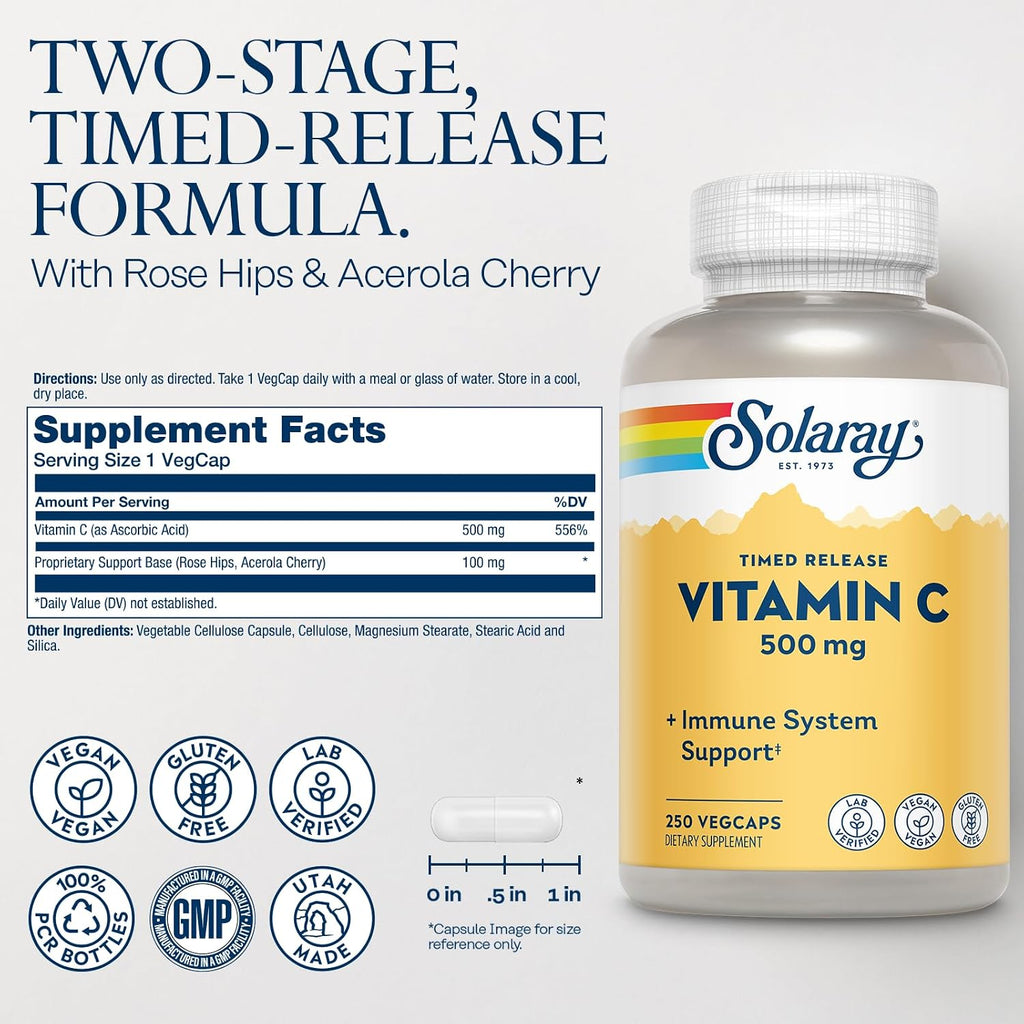 SOLARAY Vitamina C 500 mg, Liberación Gradual en Dos Fases - Antioxidante y Contribuye al Sistema Inmunitario - Vitamina C con Escaramujo y Acerola, Vegano, Sin Gluten, 250 Cápsulas Veganas