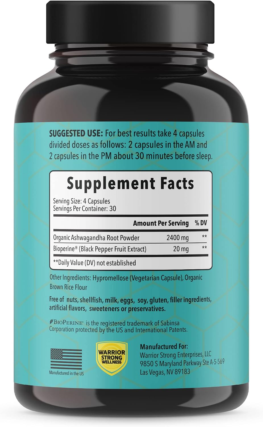 Pure Organic Ashwagandha Capsules with Bioperine - 2400 mg - 120 Cápsulas