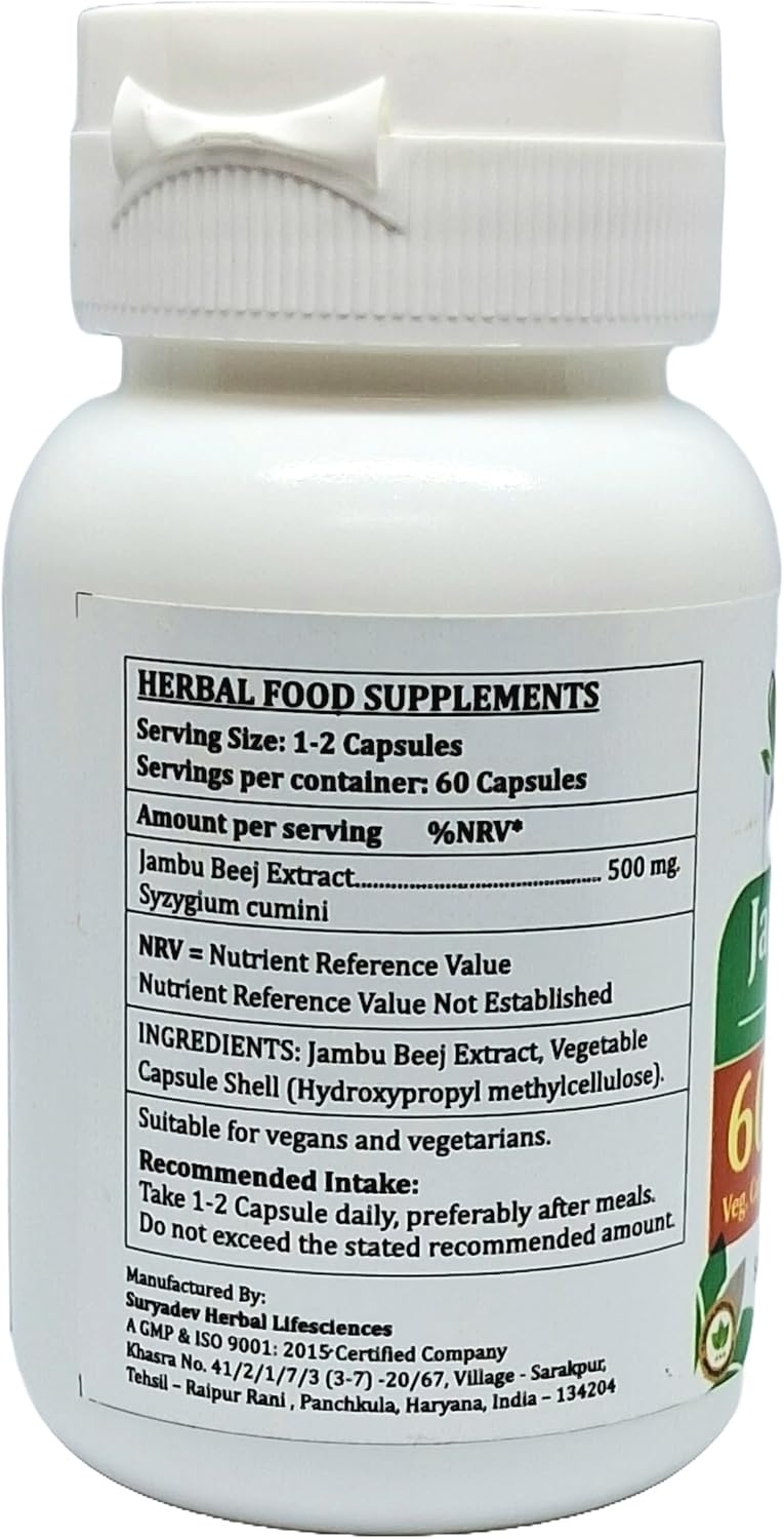 Jambu Beej Forte Cápsulas 500 mg · 60 cáps. vegetales (2 frascos) – Extracto de Jamun (Syzygium Cumini) 10:1 – Suplemento herbal ayurvédico