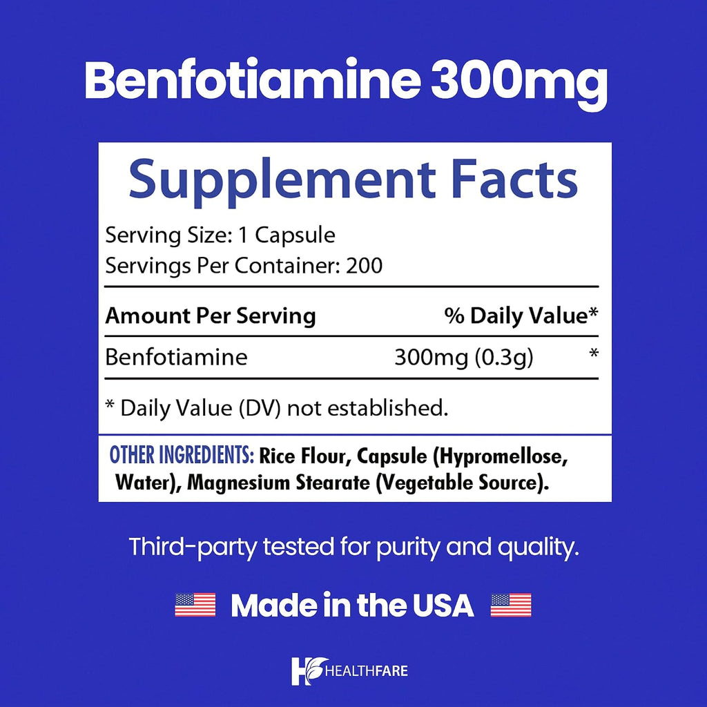 Healthfare Benfotiamina 300mg | 200 Cápsulas | Forma Liposoluble de Vitamina B1 | No-GMO | Sin Gluten (2-Pack)