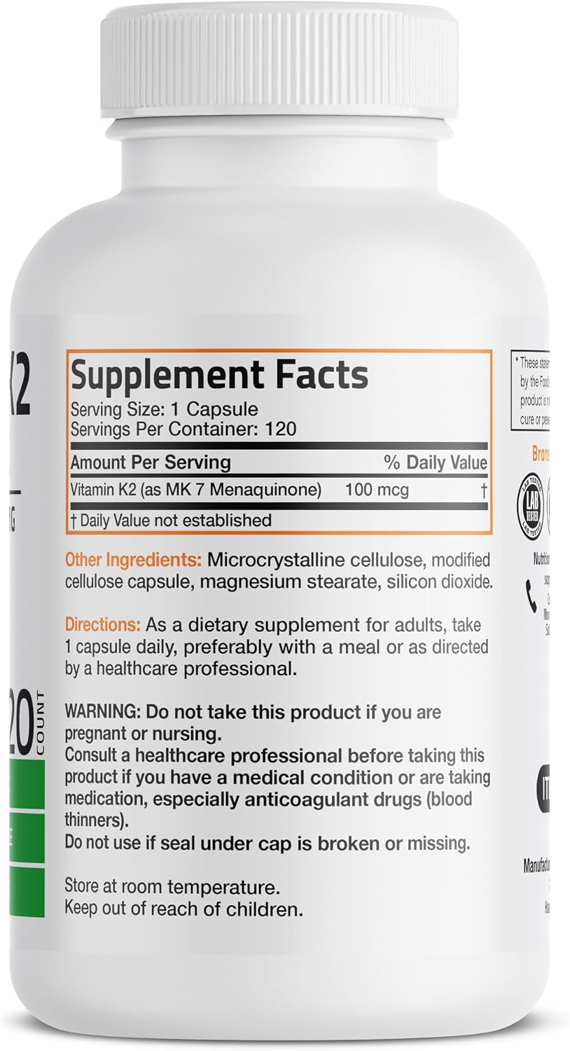 Bronson Vitamina K2 MK-7 Menaquinona 100 mcg, 120 Cápsulas - No-GMO