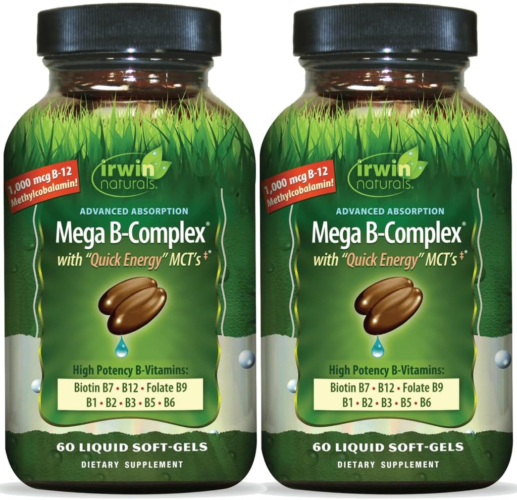 Irwin Naturals Mega B-Complex - 60 Cápsulas Blandas Líquidas - Complejo B con Vitamina B12, Folato B9, Biotina B7, B1, B2, B3, B5, B6 y MCT
