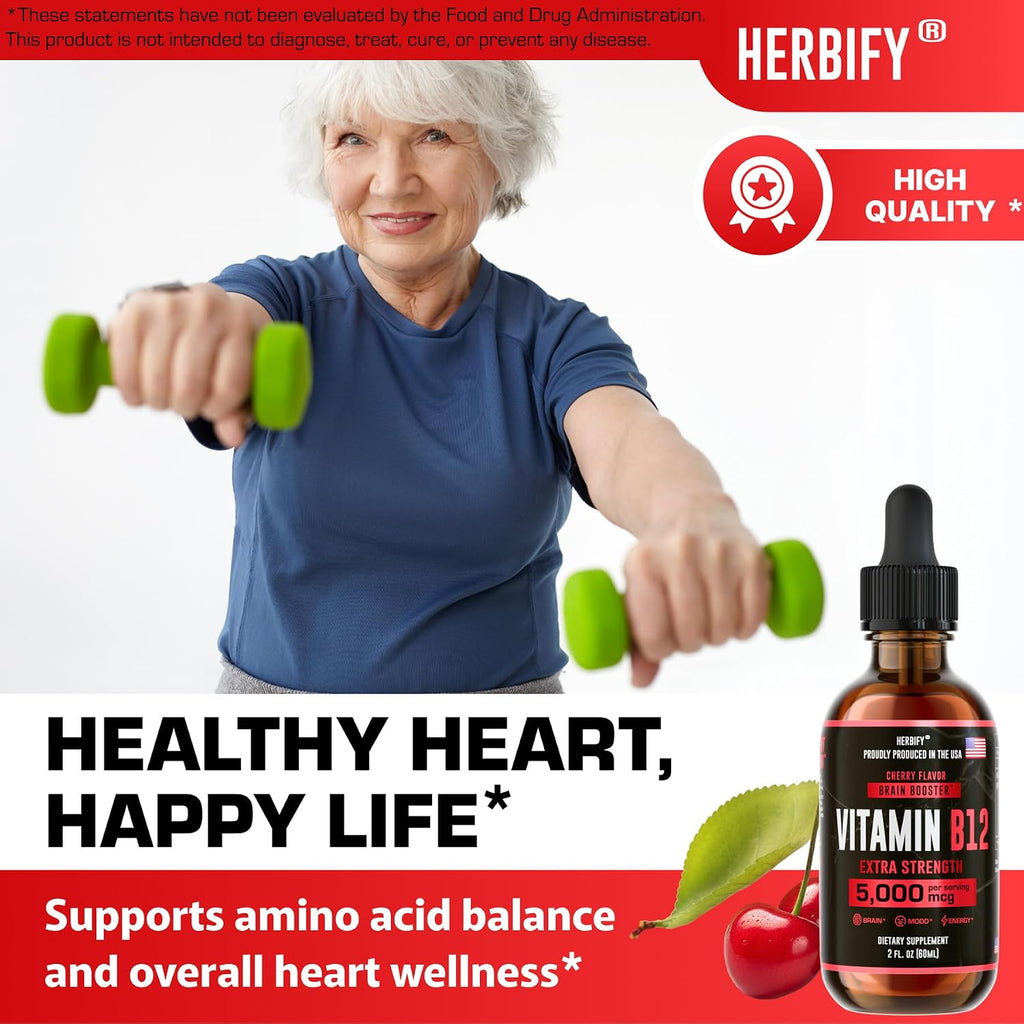 HERBIFY Vitamina B12 Metilada 5000 mcg - Gotas Líquidas de Metilcobalamina - Complejo B - Energía y Sistema Inmunitario - 30 Días - 60 ml