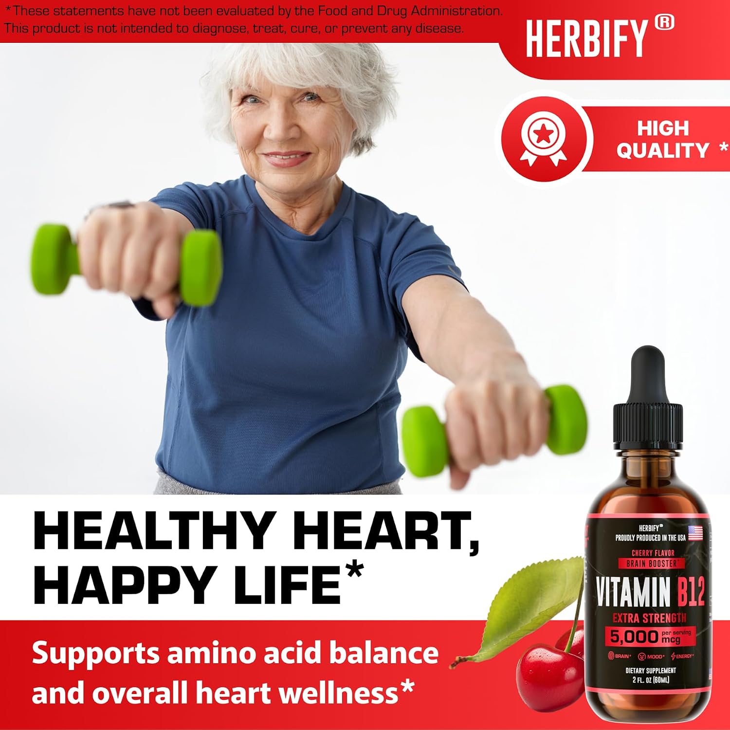 HERBIFY Vitamina B12 Metilada 5000 mcg - Gotas Líquidas de Metilcobalamina - Complejo B - Energía y Sistema Inmunitario - 30 Días - 60 ml
