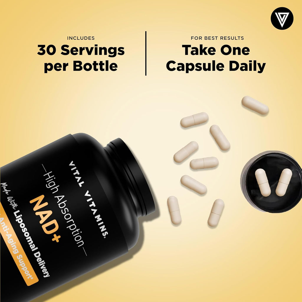 Vital Vitamins Suplemento NAD+ - NAD+ (Nicotinamida Adenina Dinucleótido) para Hombres y Mujeres - Con Administración Liposomal - Apoyo a la Vitalidad Celular, Energía, Concentración - 30 Días