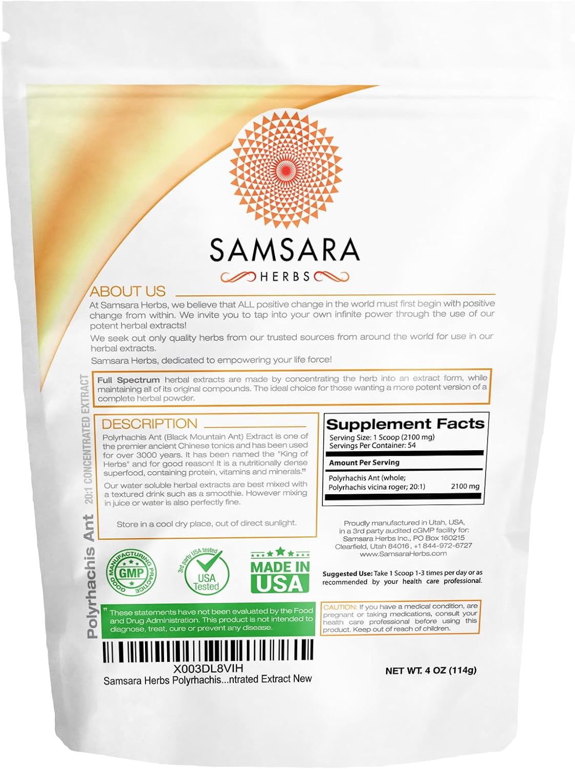 Samsara Herbs Polyrhachis Black Ant Extract Powder - 20:1 Concentrated Extract (4oz/114g)