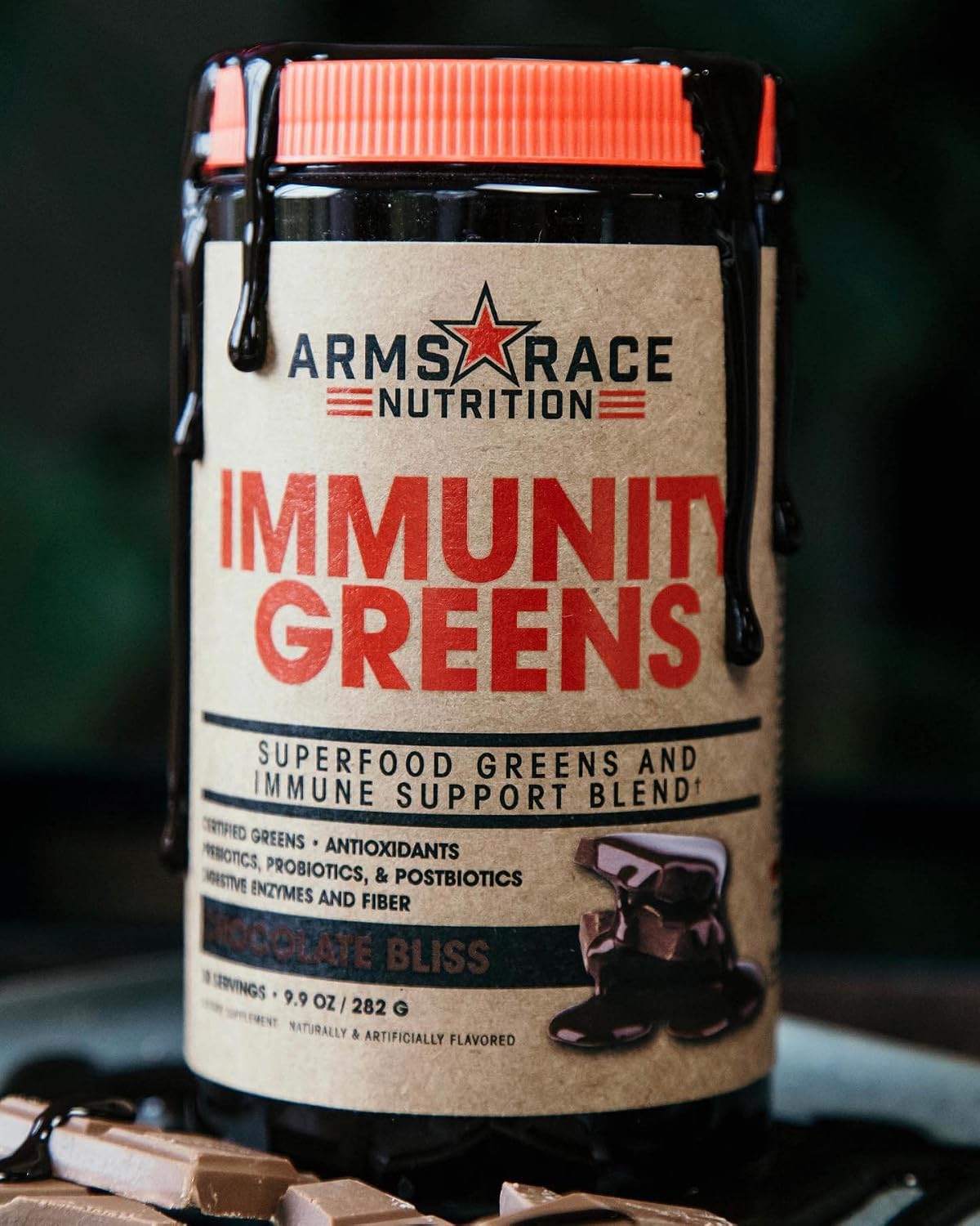 Arms Race Nutrition Immunity Greens Superfood Greens y Mezcla de Apoyo Inmunitario - Chocolate Bliss 9.2 oz (30 porciones)