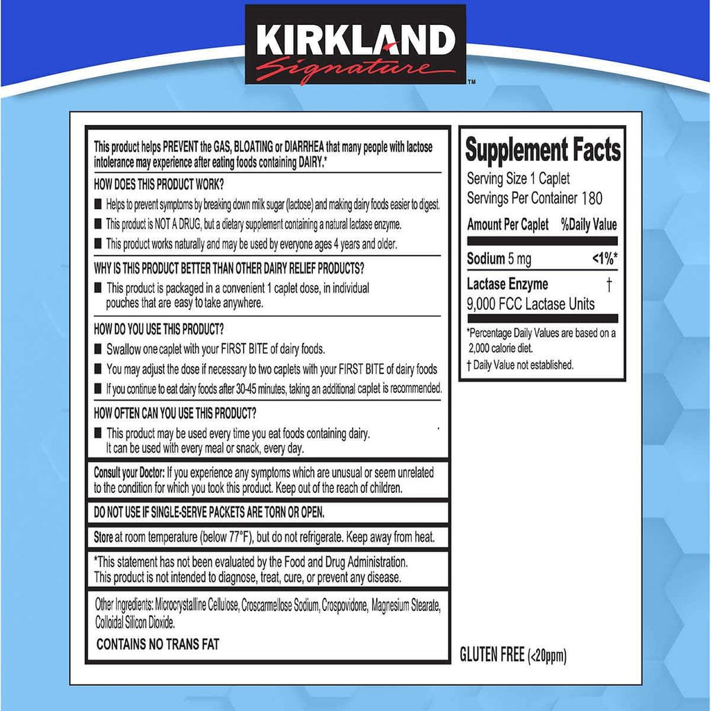 Kirkland Signature Lactasa de Acción Rápida Suplemento Digestivo Natural para Lácteos, 180 Caplets