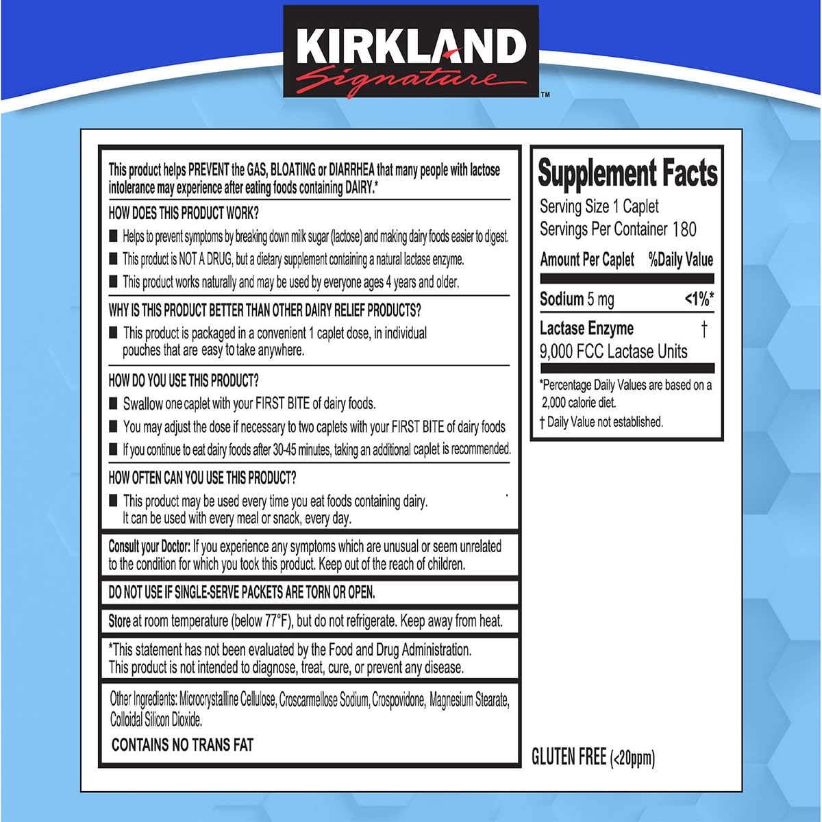 Kirkland Signature Lactasa de Acción Rápida Suplemento Digestivo Natural para Lácteos, 180 Caplets