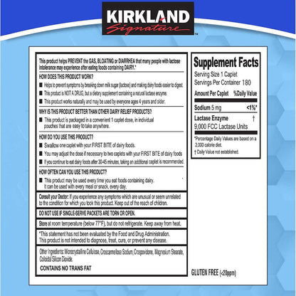 Kirkland Signature Lactasa de Acción Rápida Suplemento Digestivo Natural para Lácteos, 180 Caplets – Image 2