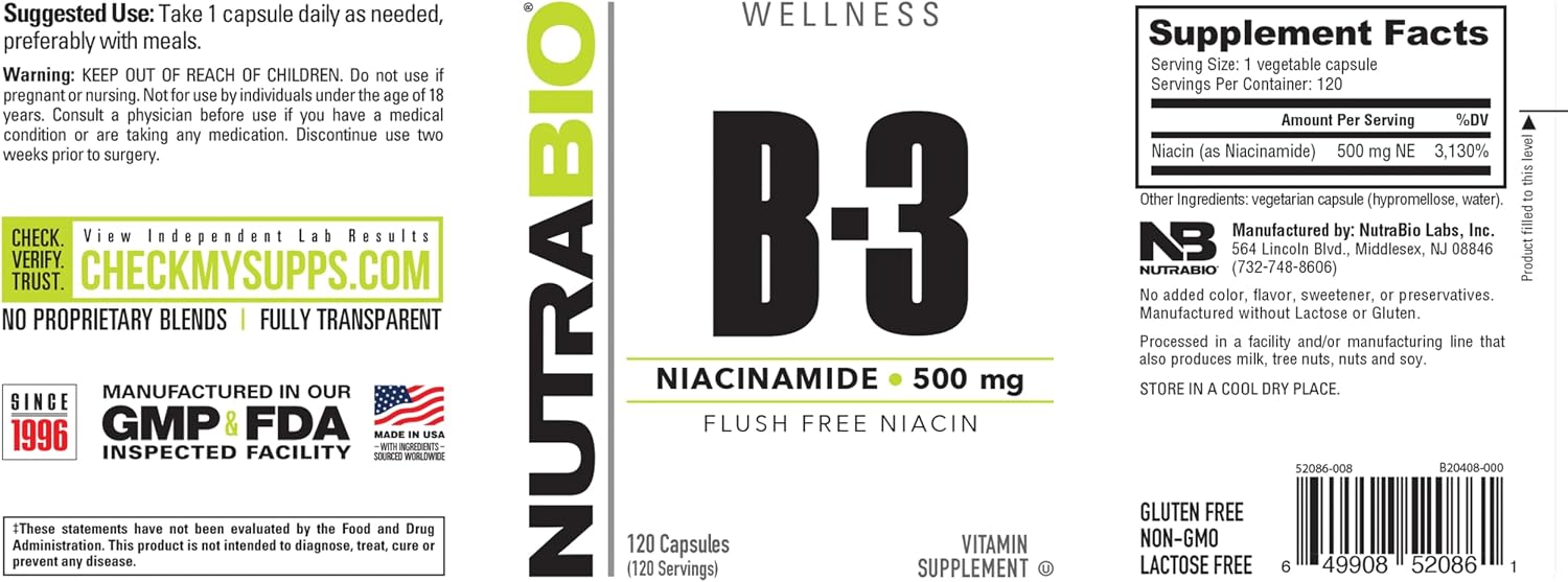 NutraBio Niacinamide 500 mg - 120 Vegetable Capsules - Flush Free