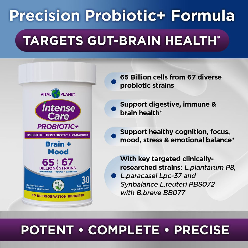 Vital Planet Intense Care Brain & Mood - Probióticos 4-en-1, 65B UFC, 67 cepas, 30 cápsulas