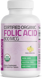 Bronson Ácido Fólico Orgánico (Vitamina B9 Folato) 800 mcg, 180 Comprimidos
