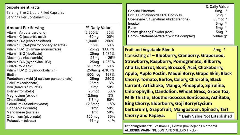 SJJ DEPOT Multivitamínico de Frutas y Verduras, 120 Cápsulas Líquidas