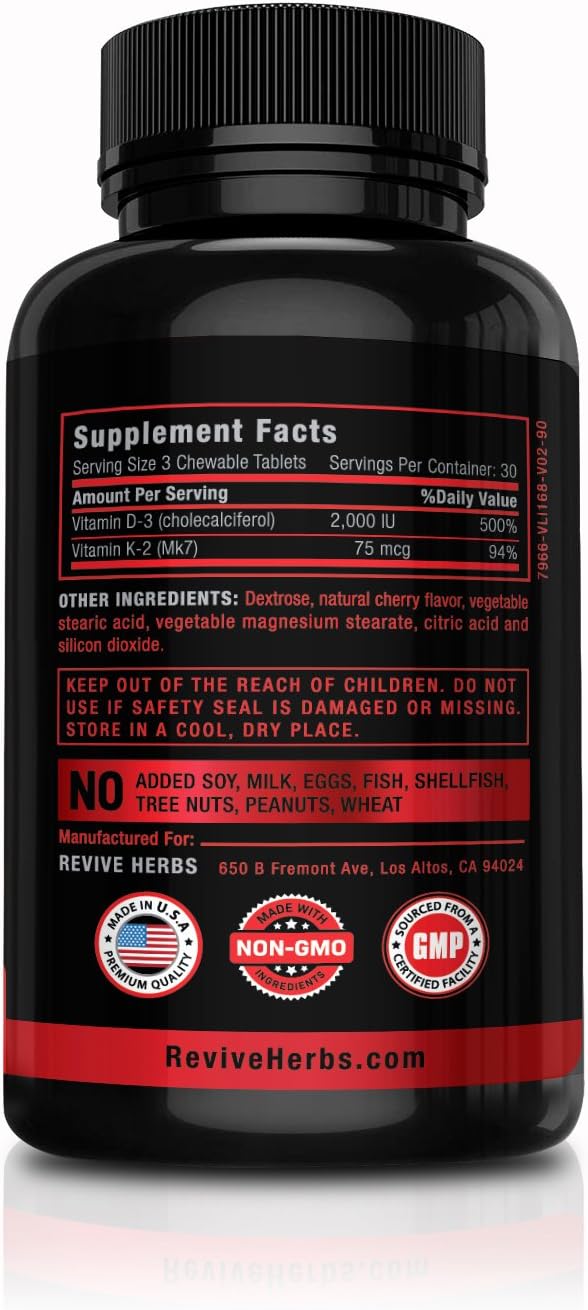 Revive Herbs Vitamina K2 D3 - Comprimidos Masticables Sabor Cereza (90 uds)
