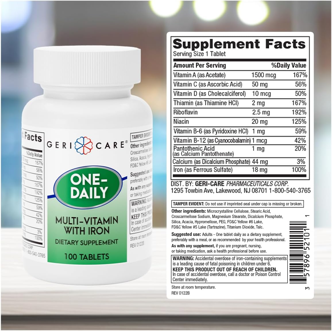 GeriCare One-Daily Multi-Vitamin con Hierro, 100 Comprimidos