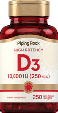 Piping Rock Vitamina D3 10000 UI | 250 mcg | 250 Cápsulas Blandas | Alta Potencia | Sin OGM y Sin Gluten